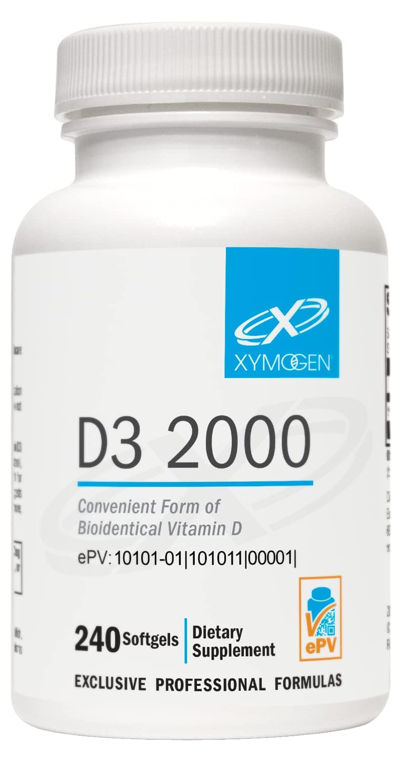 XYMOGEN D3 2000, botella con softgels, apoyo para la salud inmunitaria y ósea.
