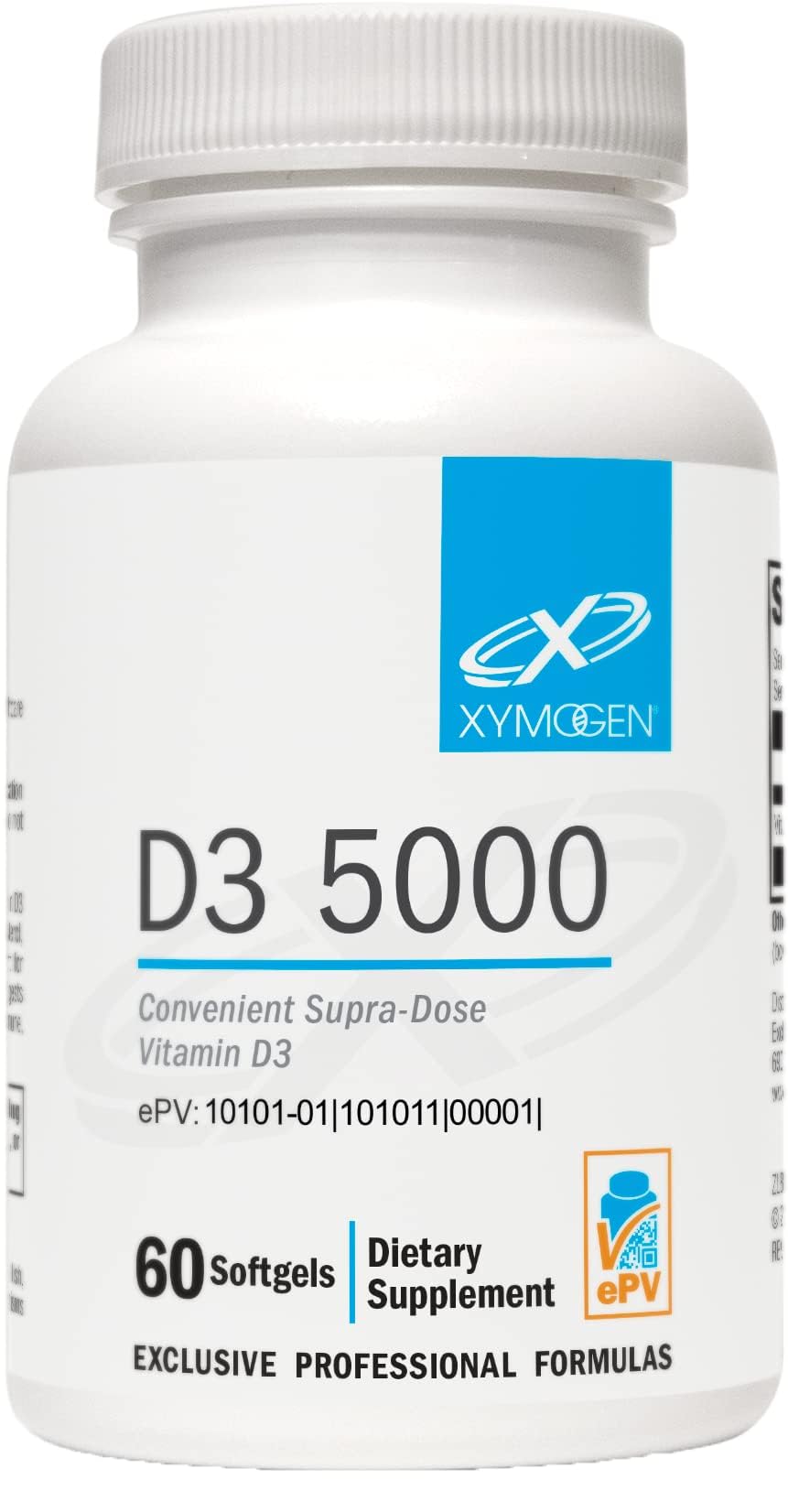 Xymogen D3 5000 botella: vitamina D de alta absorción para huesos y sistema inmune.