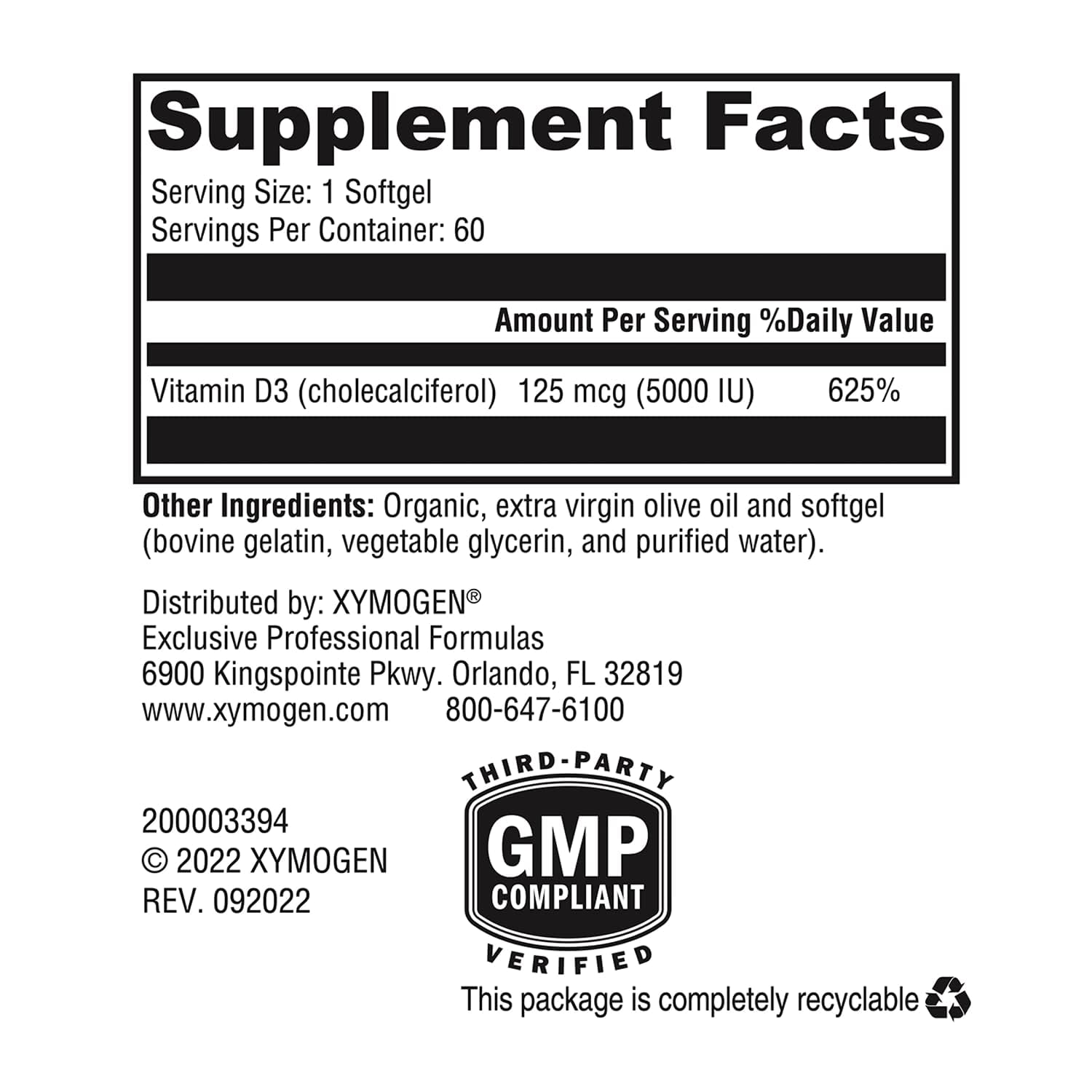 Xymogen D3 5000 dosis: cápsula diaria para apoyo nutricional de vitamina D.