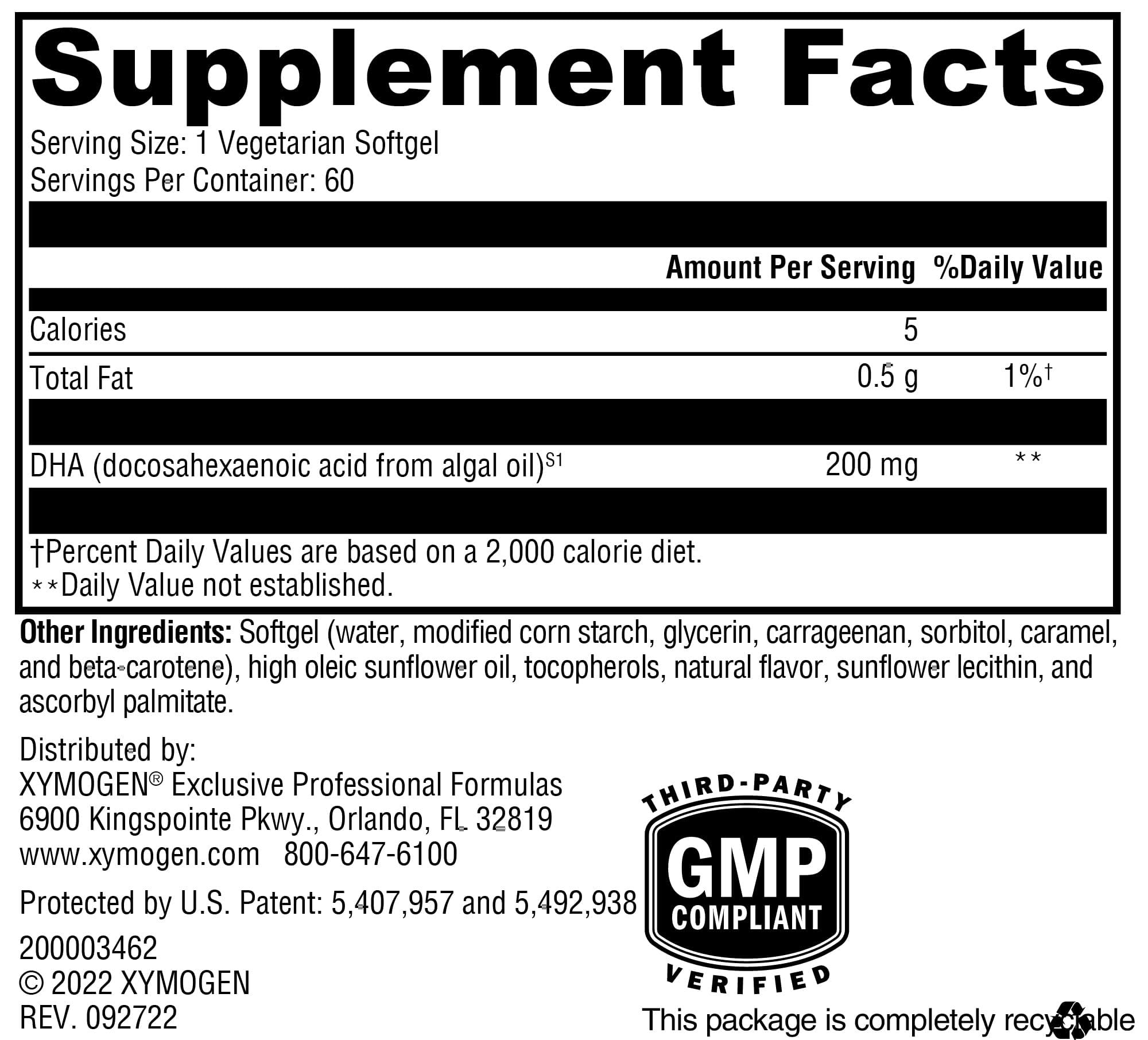 XYMOGEN DHA de algas: botella visible para consumo diario de omega-3 vegano.