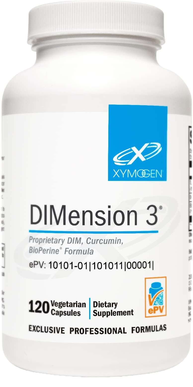 XYMOGEN Dimension 3: botella de cápsulas para apoyo hormonal diario.