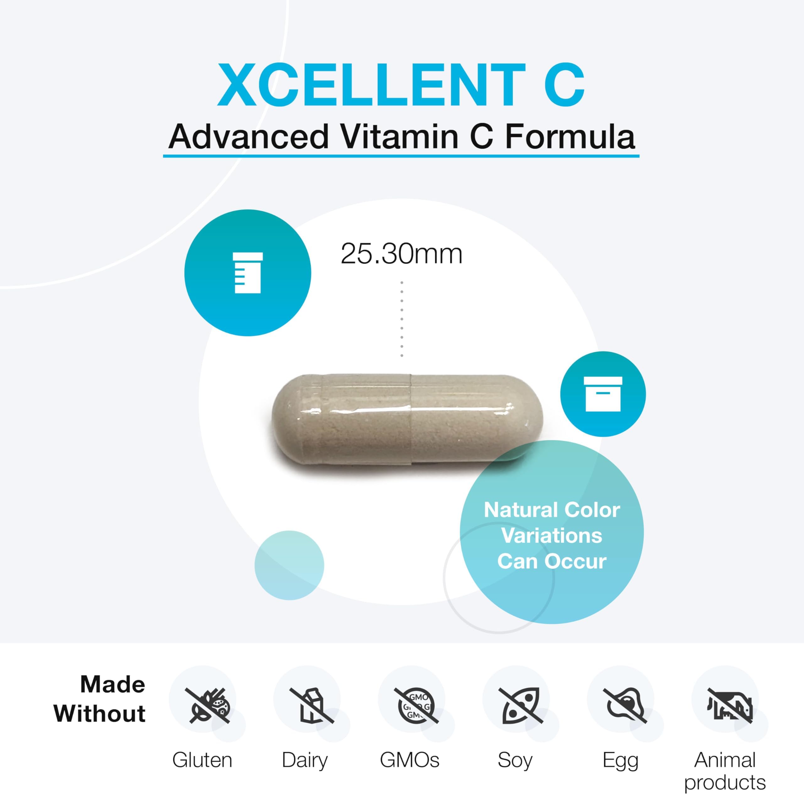 Cápsulas de Xymogen Xcellent C con buffering para digestión suave.