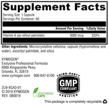 Xymogen Xcellent A 3000, etiqueta de nutrición que destaca nutrientes clave.