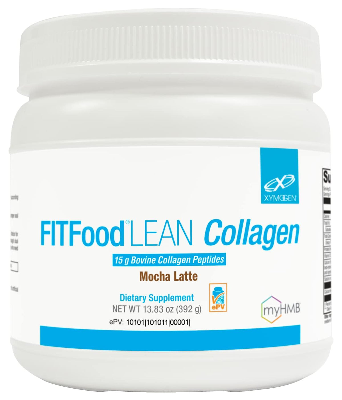 XYMOGEN FIT Colágeno Lean Food, embalaje visible, sabor mocha latte, apoya la recuperación muscular.