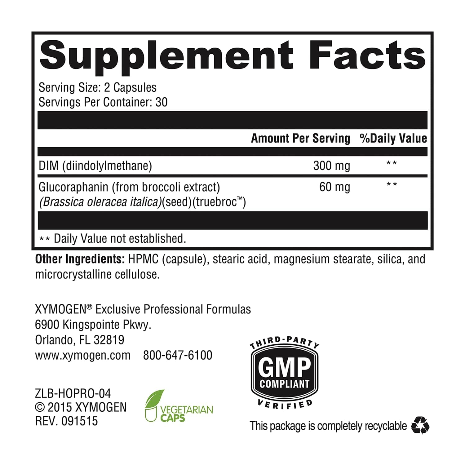 XYMOGEN Hormone Protect: etiqueta frontal con DIM y brócoli.