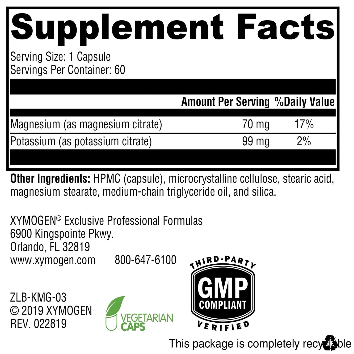 XYMOGEN K-Mg Citrate: cápsulas mostrando la dosis diaria de magnesio y potasio.