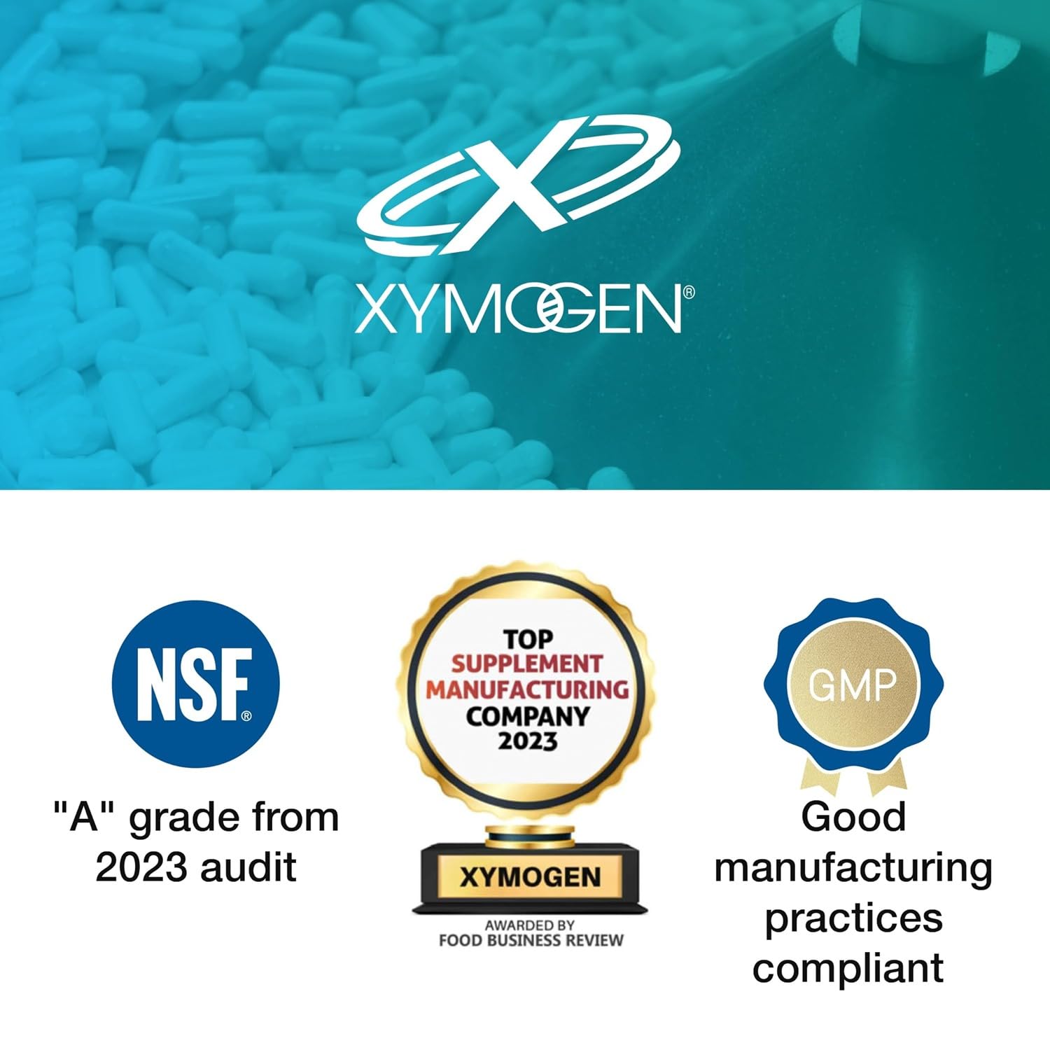 XYMOGEN L-teanina, etiqueta trasera con datos de ingredientes y pureza.