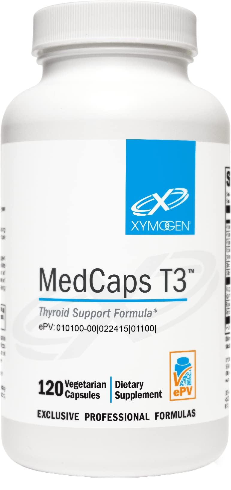 Frasco de XYMOGEN MedCaps T3 con cápsulas para apoyo tiroideo diario.