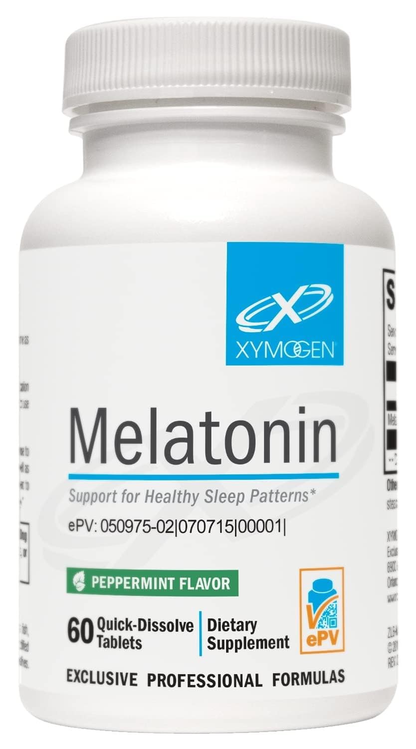 XYMOGEN Melatonina, bote de tabletas mentoladas para descanso suave.