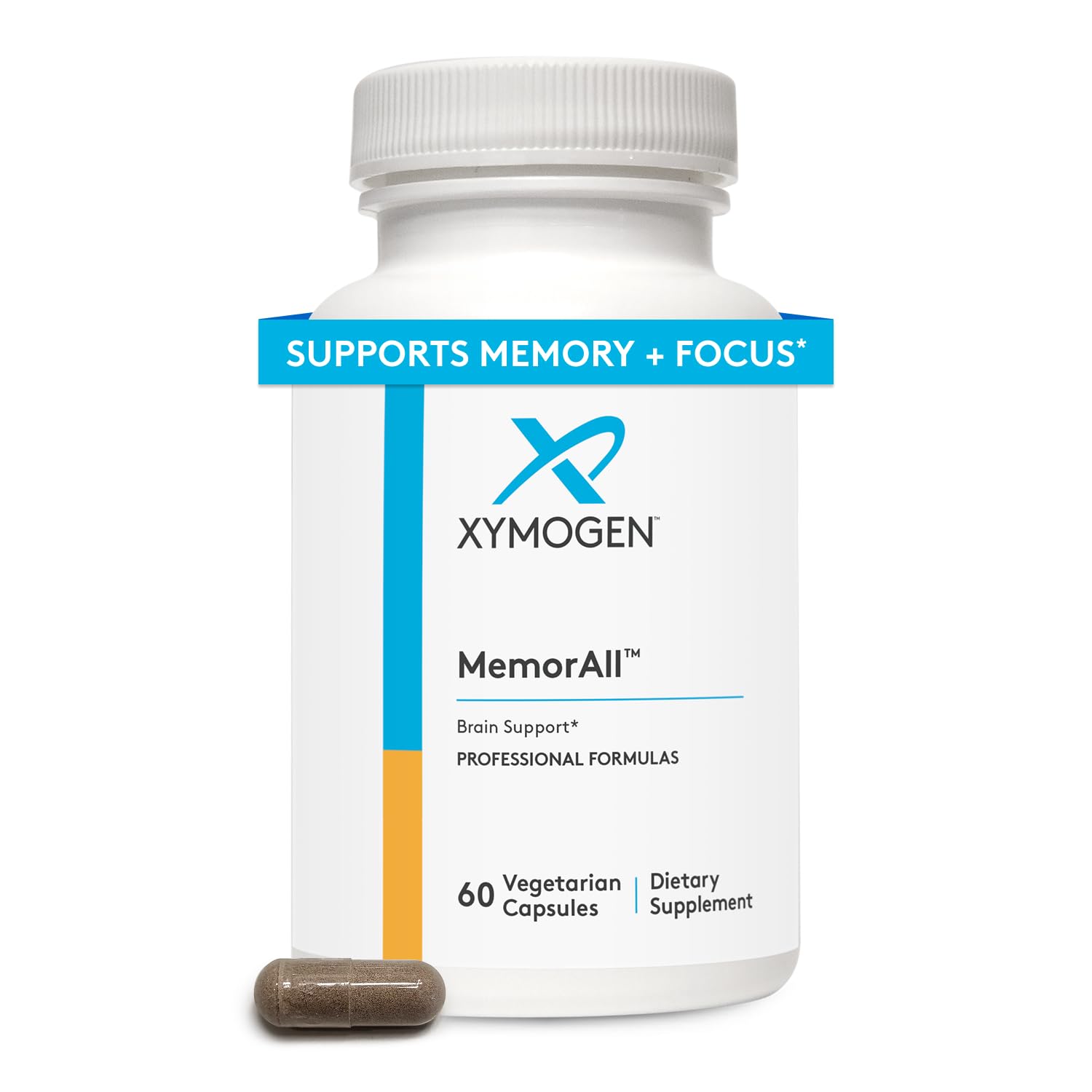 MemorAll de XYMOGEN, cápsulas en frasco para apoyo cognitivo diario.