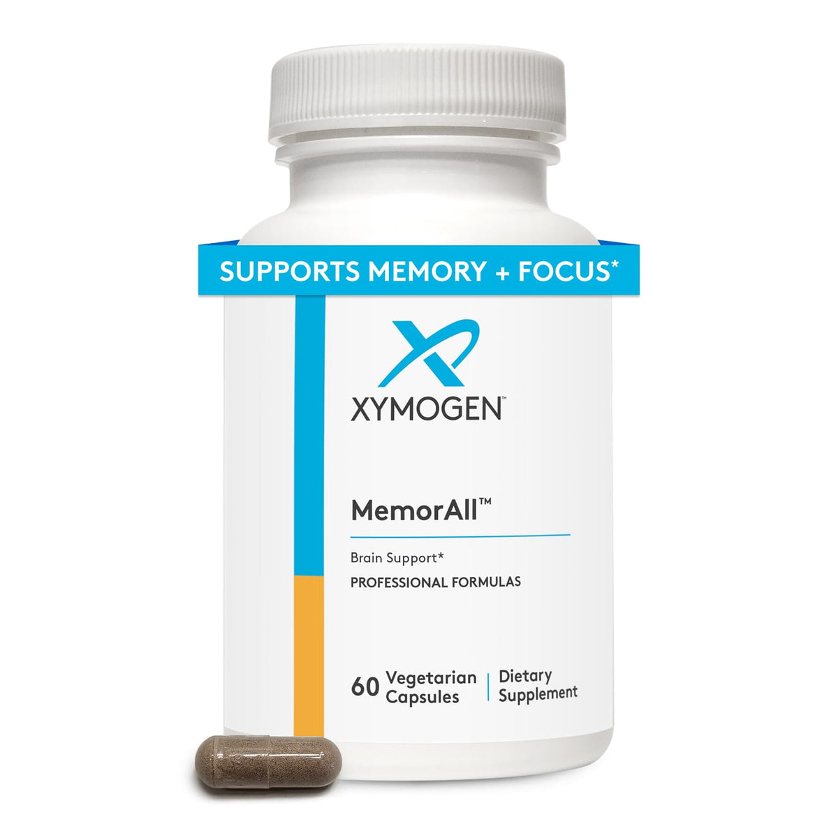 MemorAll de XYMOGEN, cápsulas en frasco para apoyo cognitivo diario.