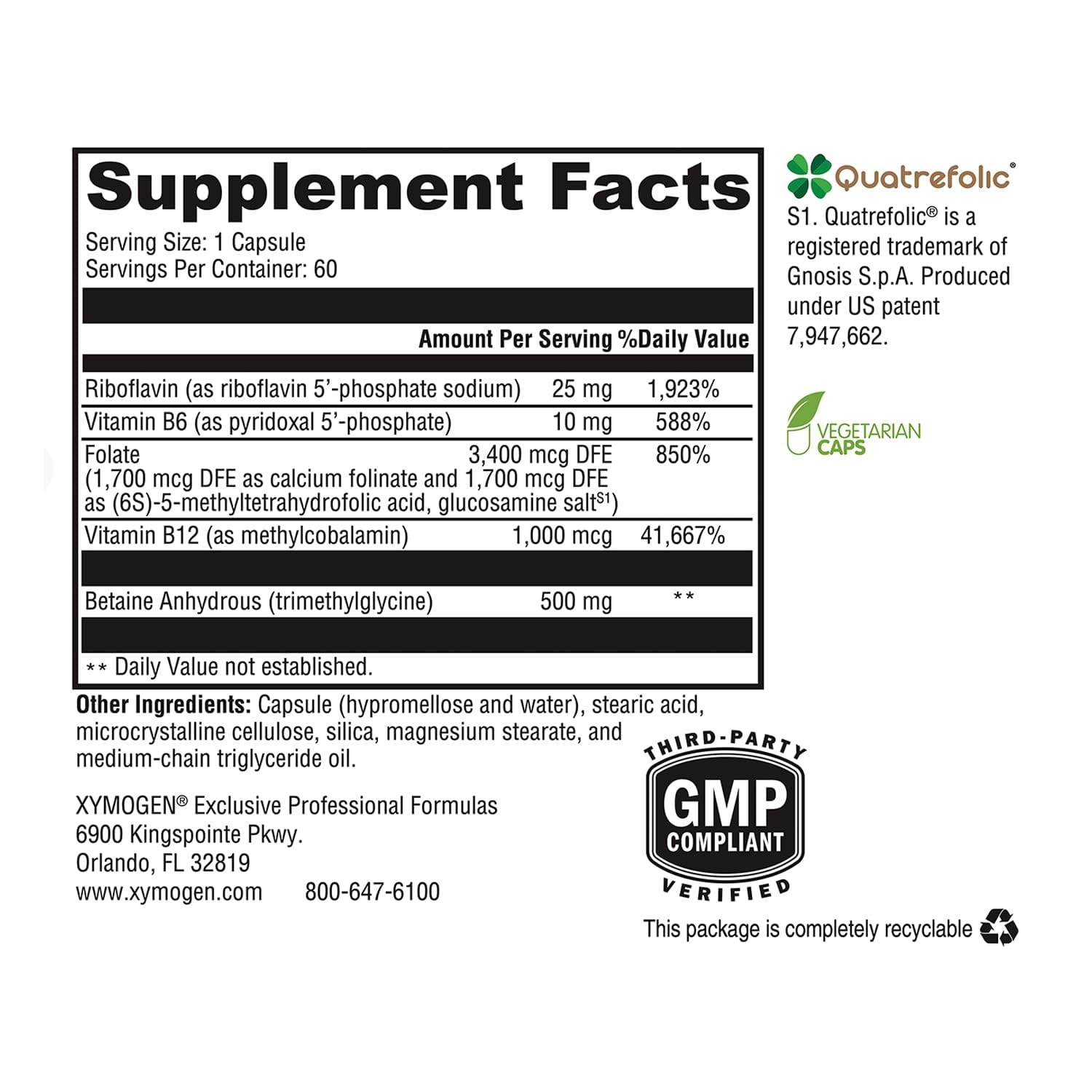  XYMOGEN Methyl Protect muestra 5-MTHF en la etiqueta para nutrientes bioactivados.