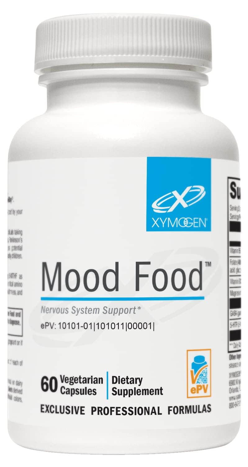 XYMOGEN Mood Food: botella de 60 cápsulas para apoyo diario de relajación.