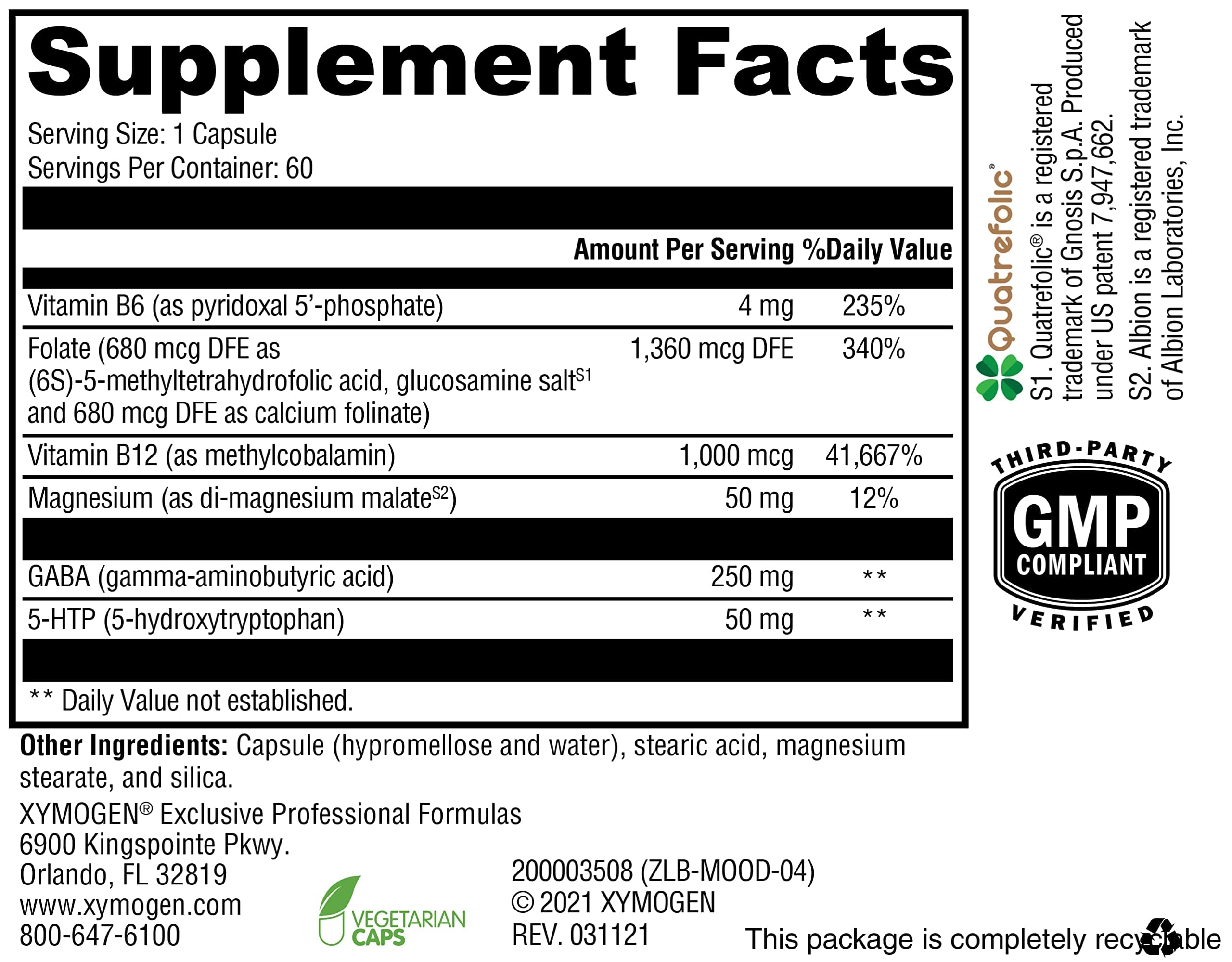 XYMOGEN Mood Food: etiqueta clara para identificar el perfil vitamínico de apoyo emocional.
