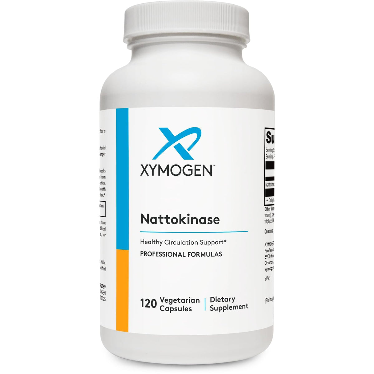 XYMOGEN Nattokinase, botella con cápsulas, enfoque en salud cardiovascular