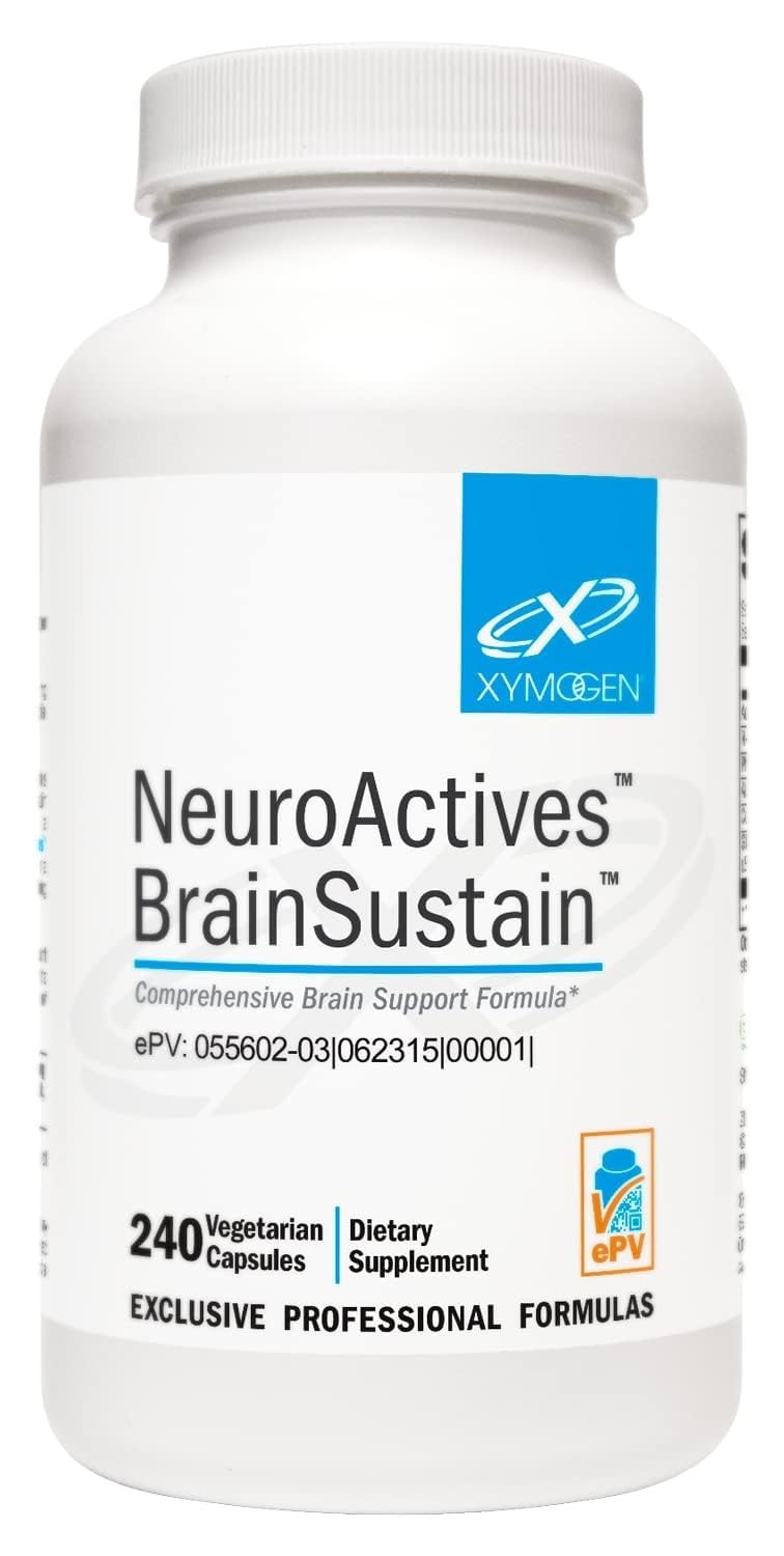 XYMOGEN NeuroActives BrainSustain en bote frontal, cápsulas para memoria.