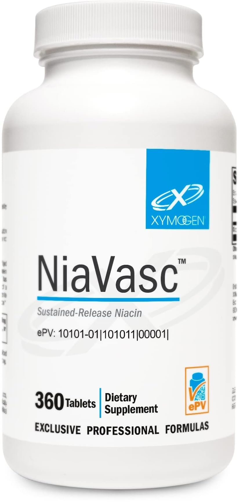 Botella de XYMOGEN NiaVasc con cápsulas de 500 mg para uso diario.