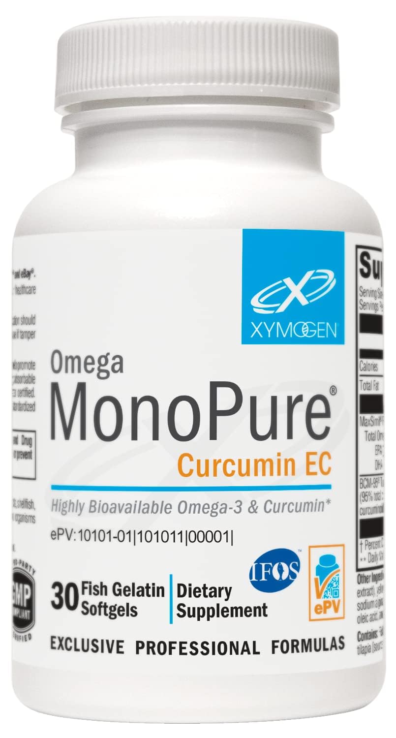 XYMOGEN Omega MonoPure Curcumin EC, botella visible, apoyo potencial a la salud celular.