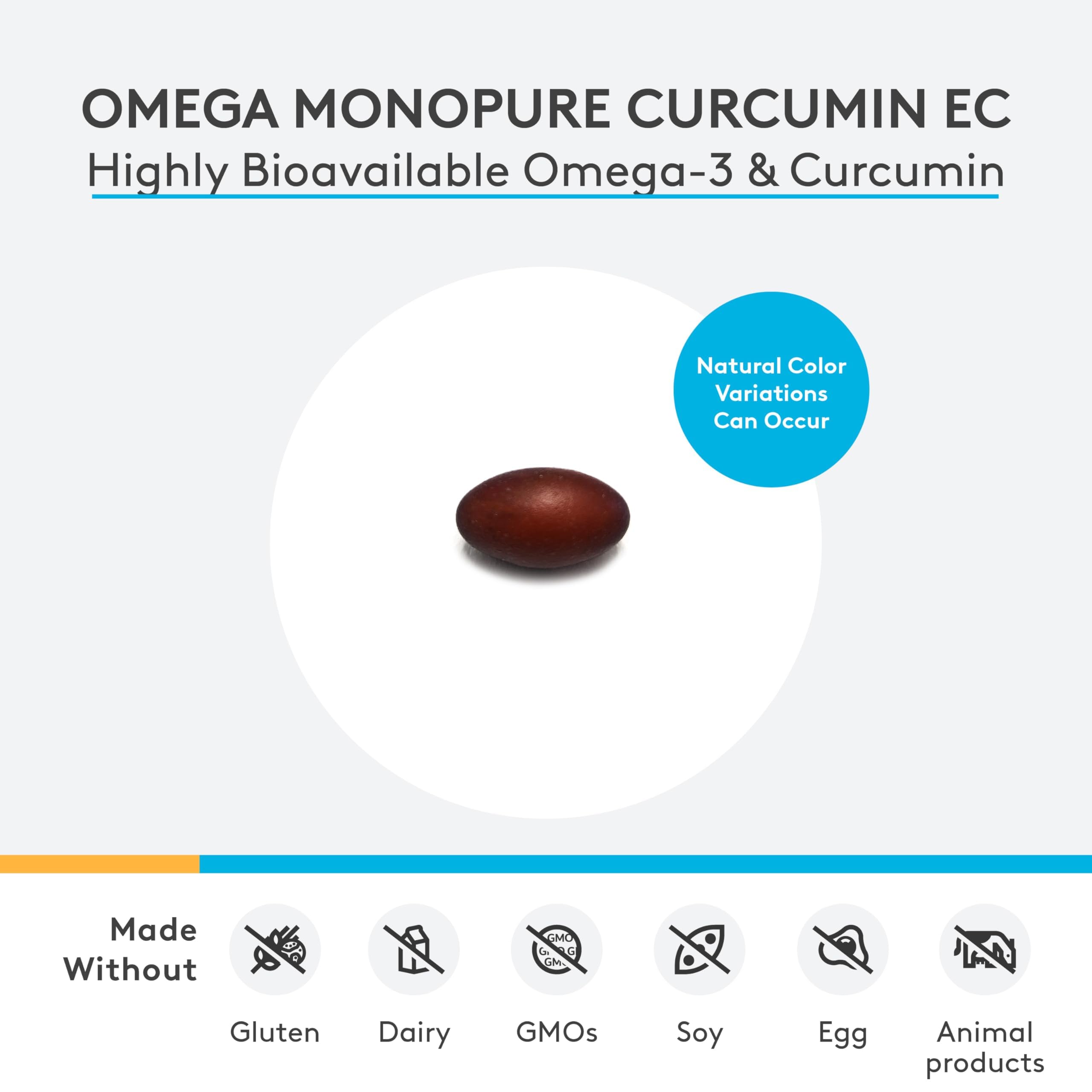 XYMOGEN Omega MonoPure Curcumin EC, etiqueta, describe ingredientes y beneficios clave.