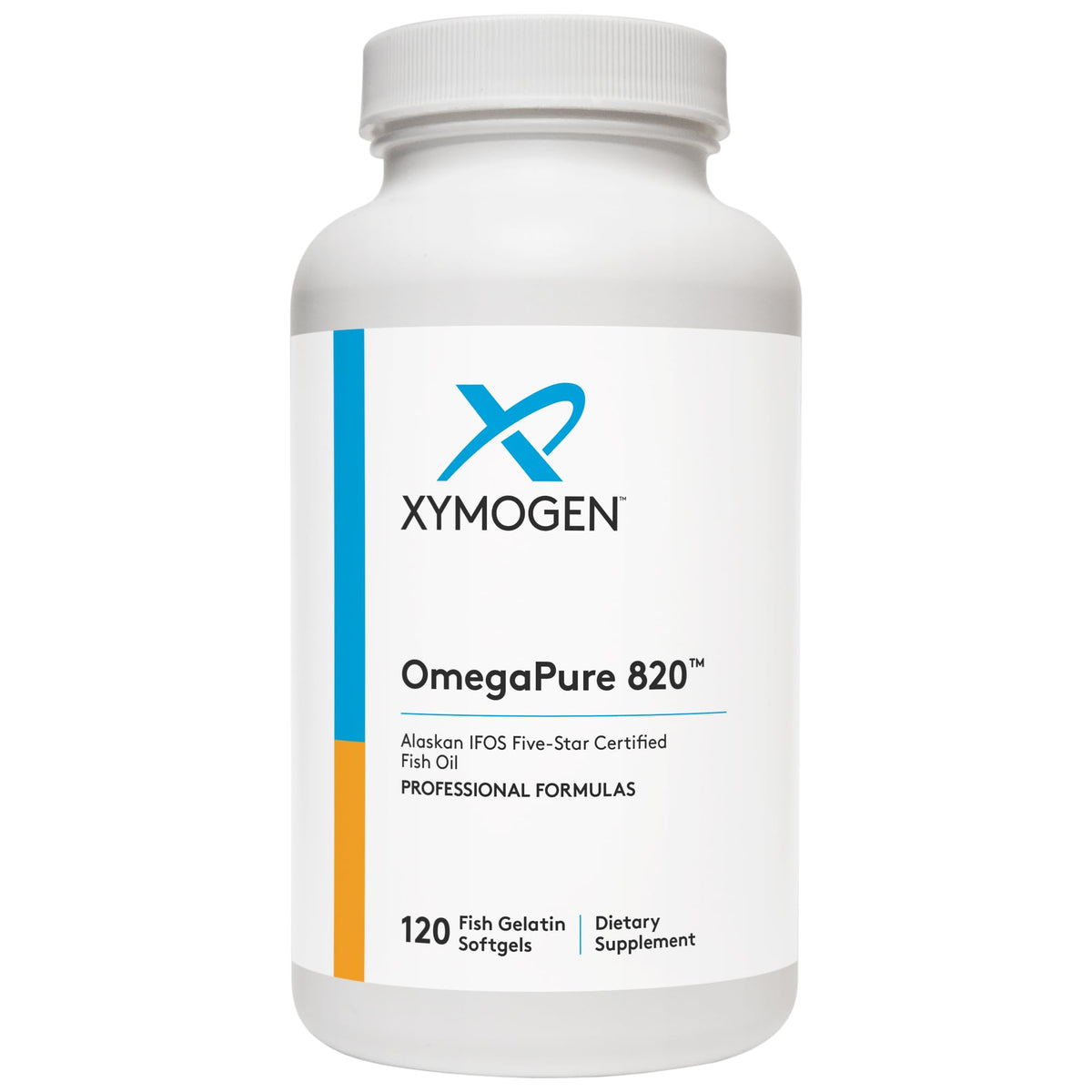 XYMOGEN OmegaPure 820 cápsula pequeña para bienestar cardiovascular.
