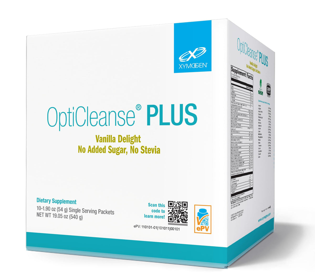 XYMOGEN OptiCleanse Plus, bote vainilla-delicia, muestra el envase y promueve desintoxicación suave.