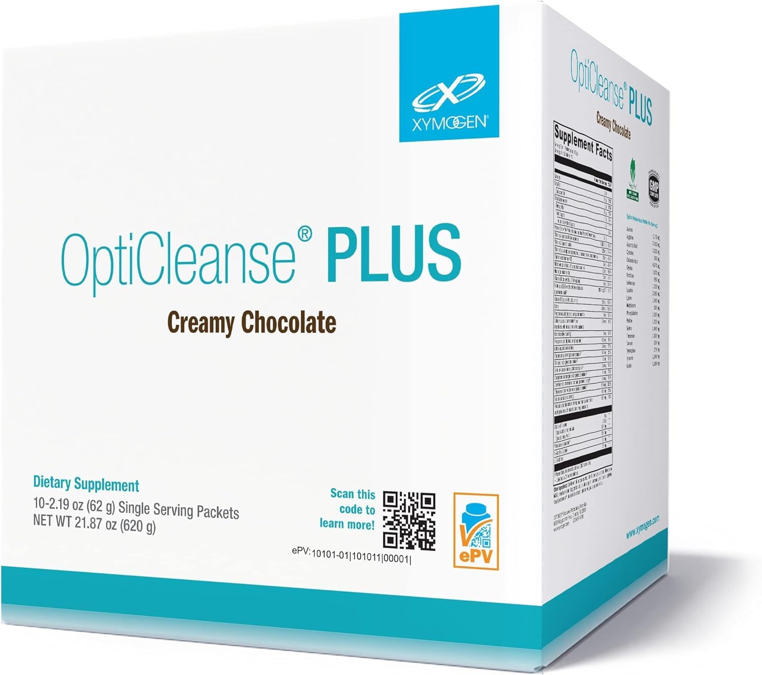 Polvo proteico vegano de XYMOGEN OptiCleanse Plus, sabor chocolate cremoso para nutrición diaria.
