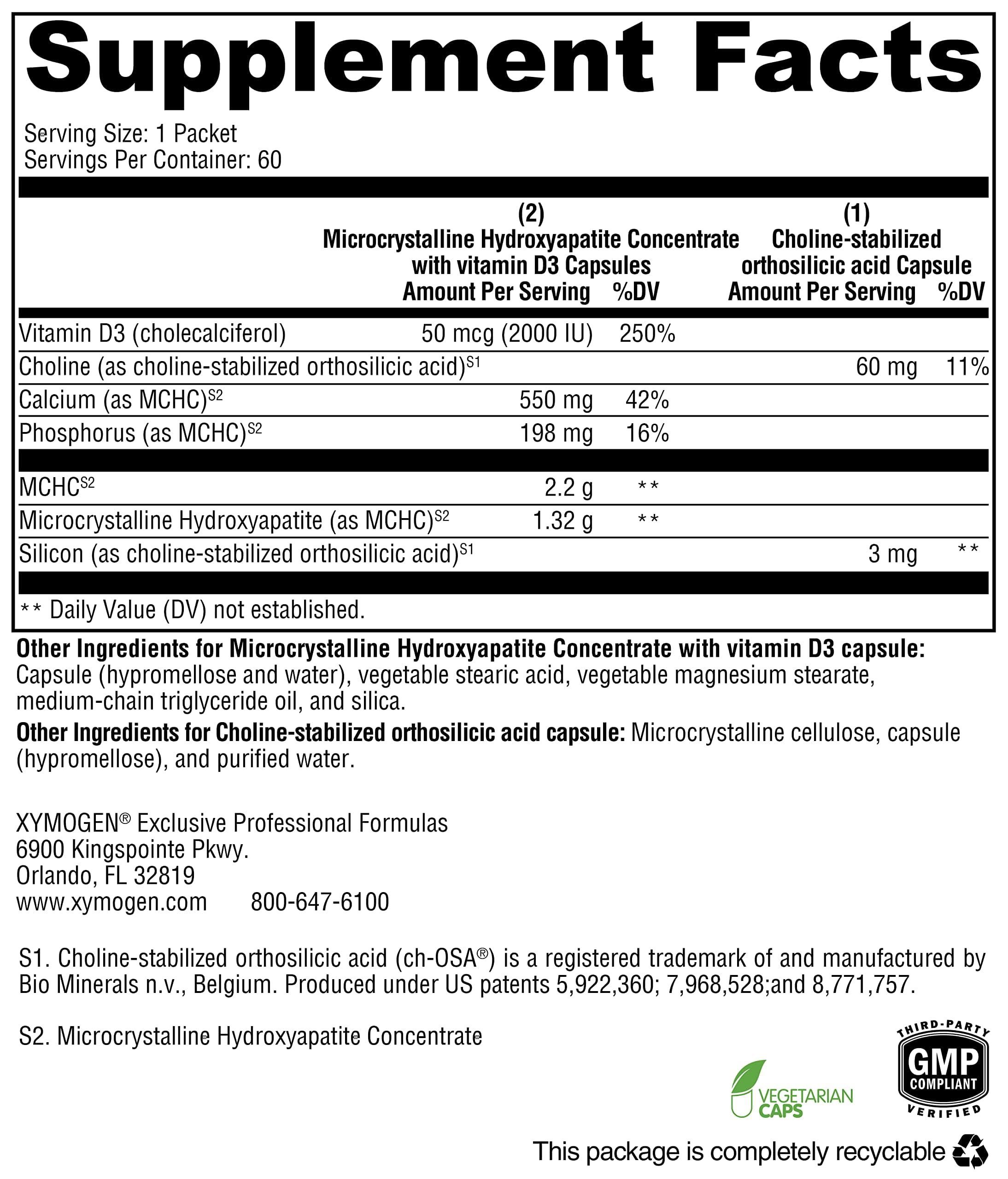 Contenido de calcio y vitamina D3 en XYMOGEN OSAplex para apoyo nutricional.