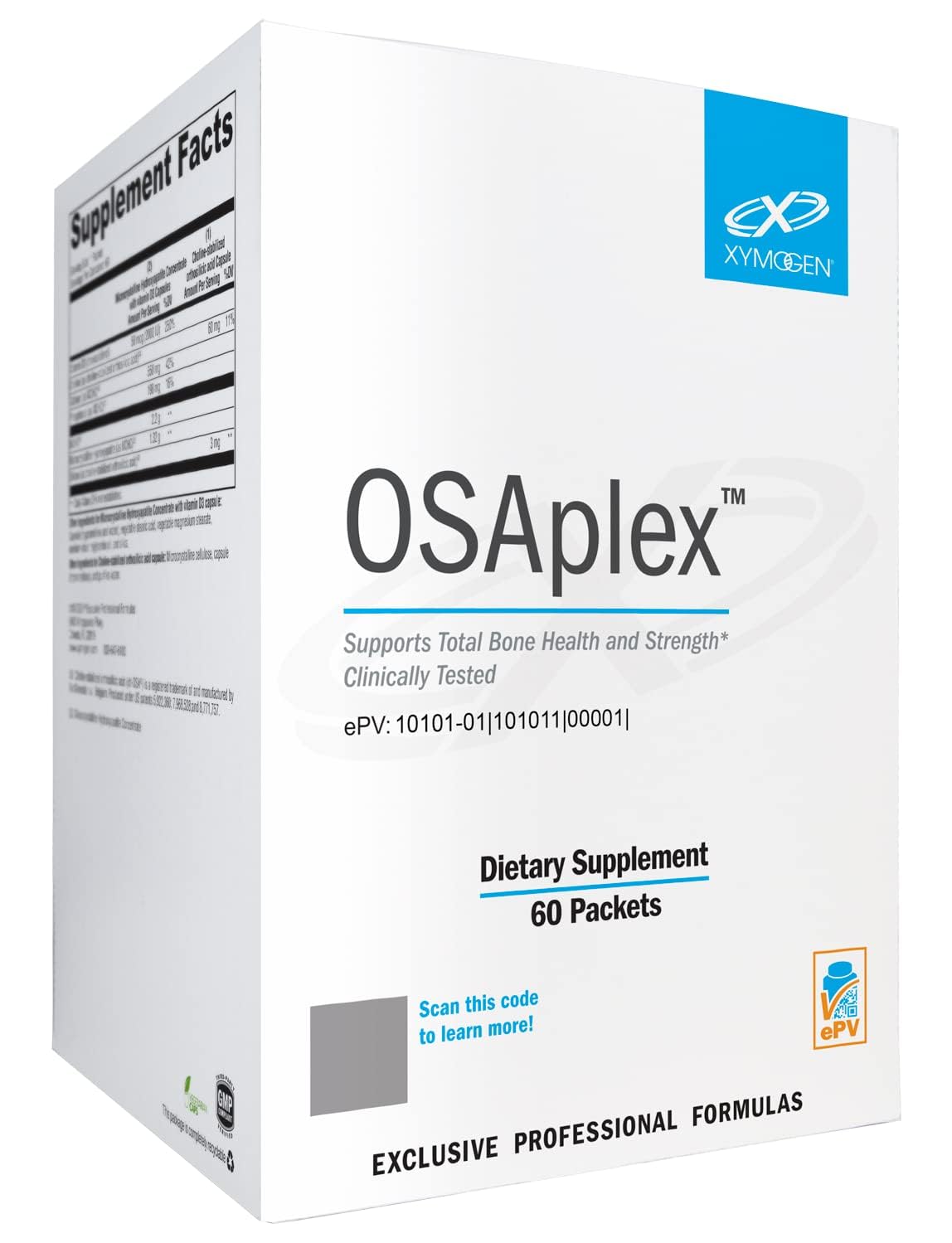 XYMOGEN OSAplex envase-frente muestra presentación de 60 sobres para soporte óseo.