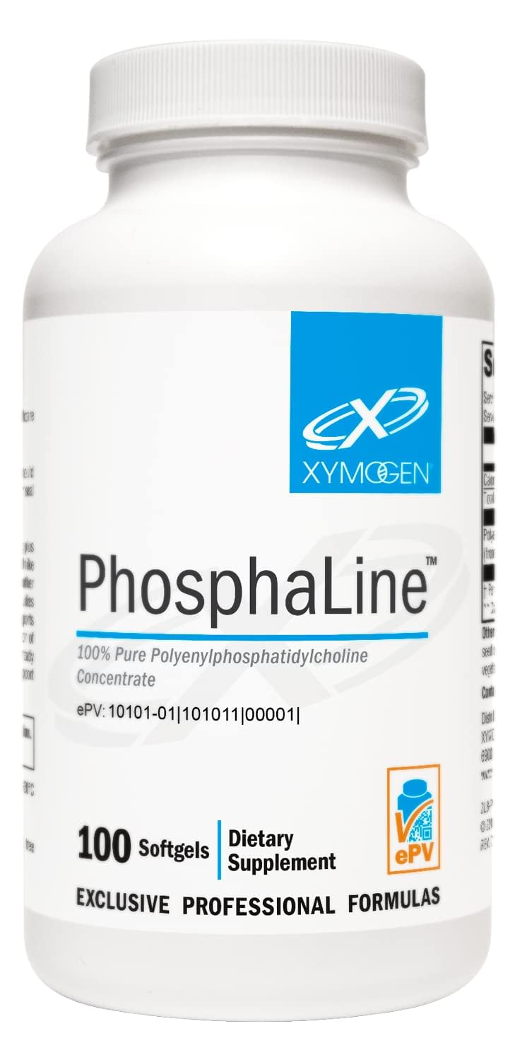 XYMOGEN PhosphaLine, botella frente, soporte para salud hepática y cardiovascular.