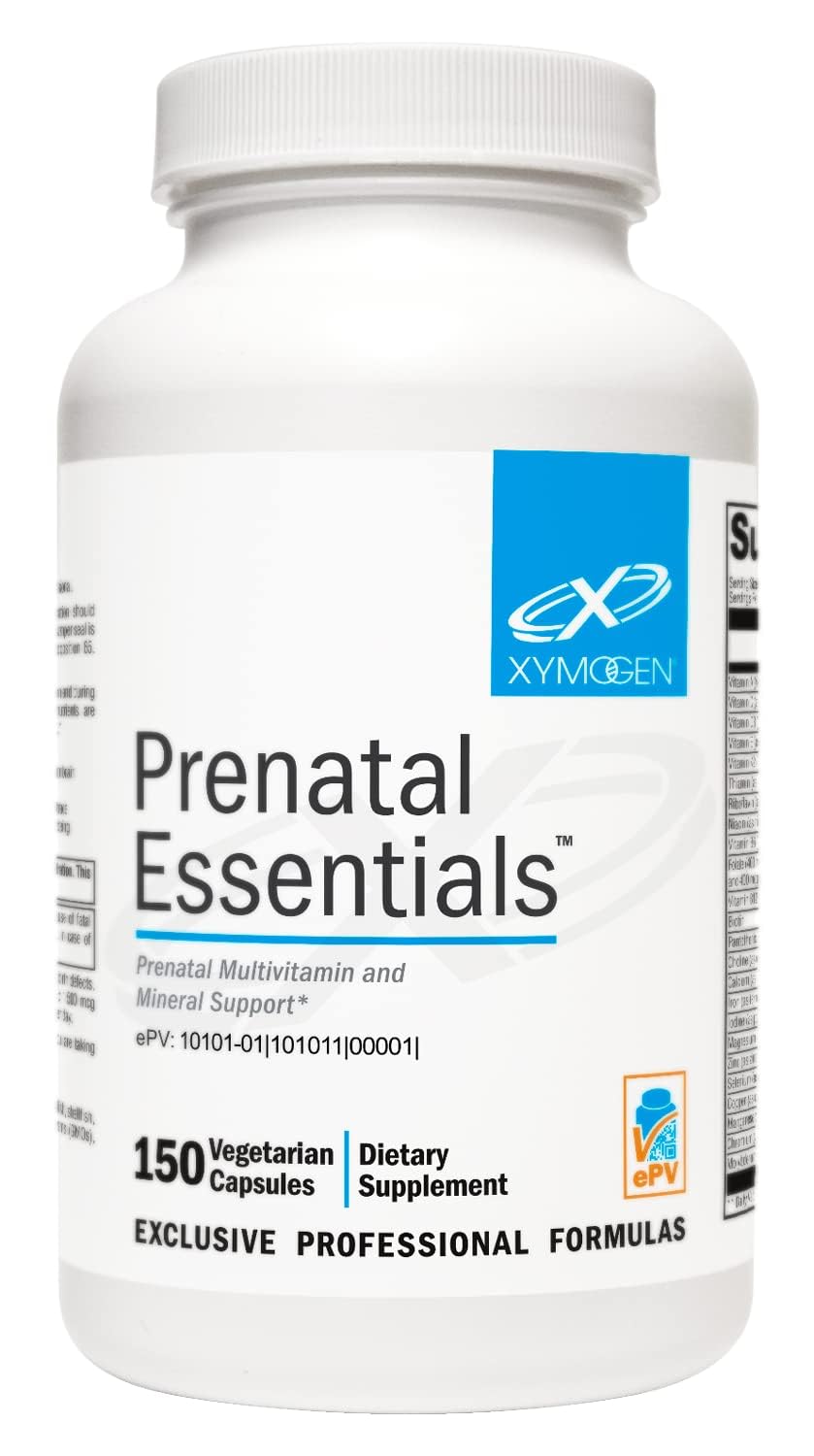 Xymogen Prenatal Essentials, bote frontal, soporte suave para la salud materna durante el embarazo.