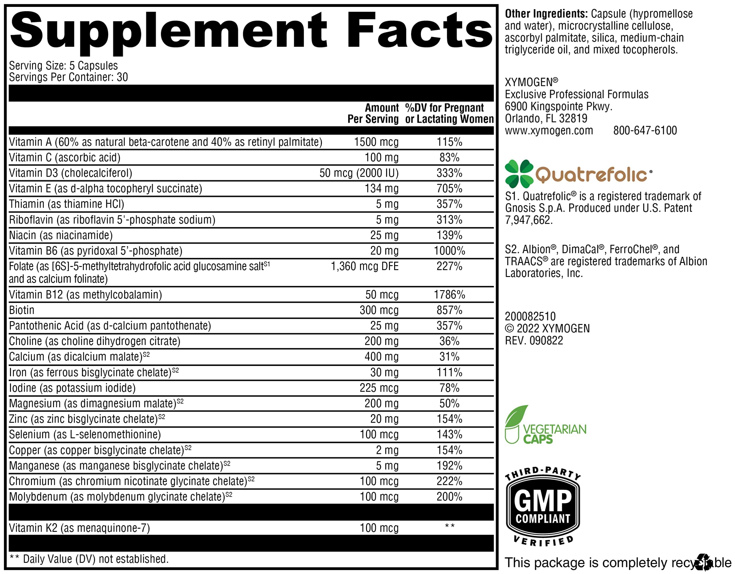 Xymogen Prenatal Essentials, etiqueta frontal, información clara para elegir vitaminas prenatales.