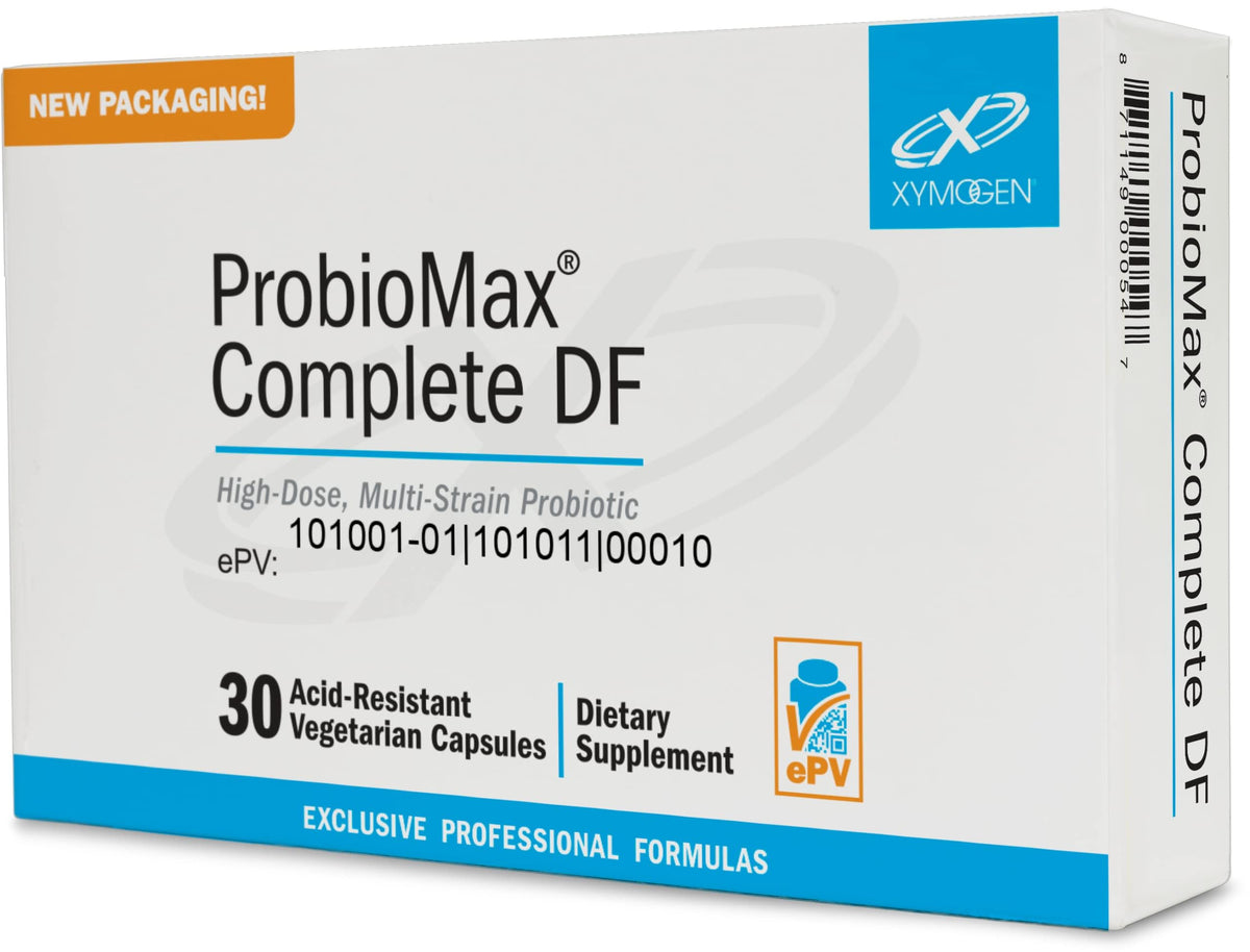 ProbioMax 45B de XYMOGEN en botella: cápsulas diarias para apoyar un microbioma equilibrado.