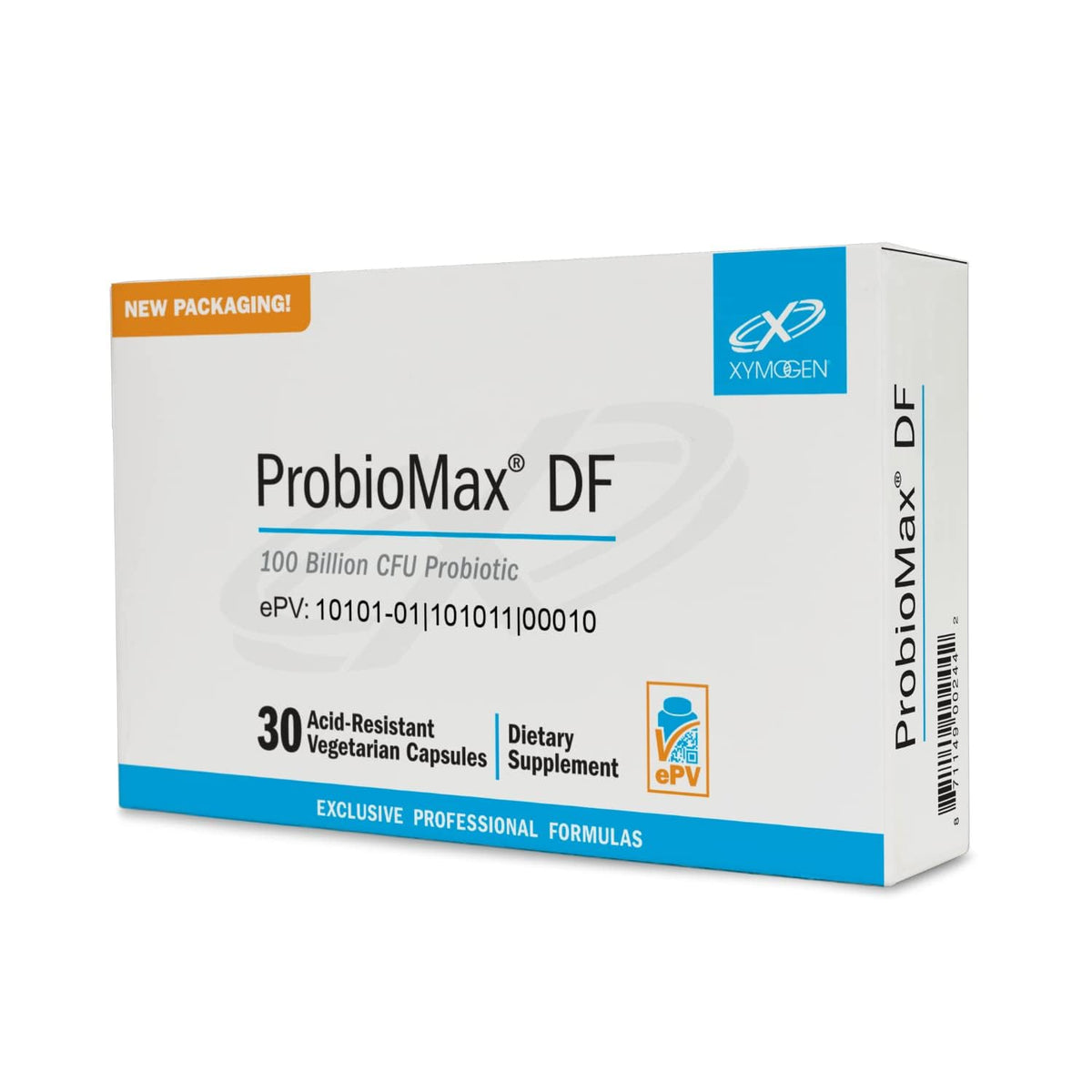 XYMOGEN ProbioMax Daily 100B, empaque protegido al nitrógeno para mayor estabilidad.