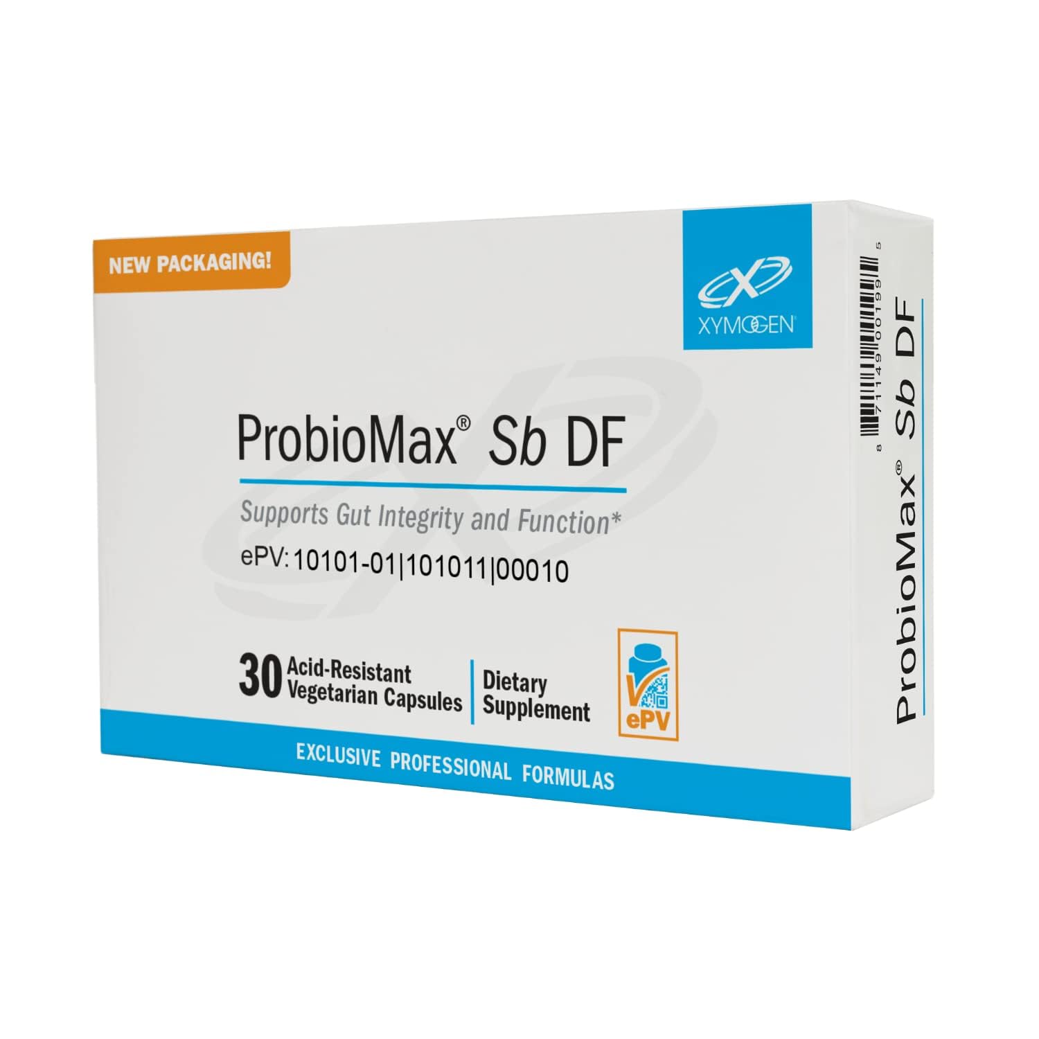 XYMOGEN ProbioMax Sb 35B: botella con cápsulas para soporte digestivo diario.