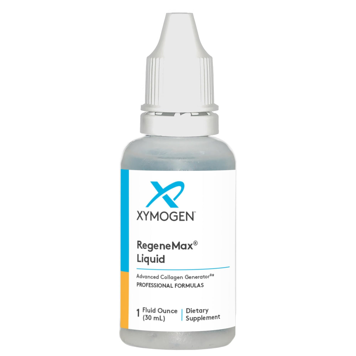RegeneMax Líquido de XYMOGEN, botella vertiendo, ideal para cuidado diario de piel y uñas.