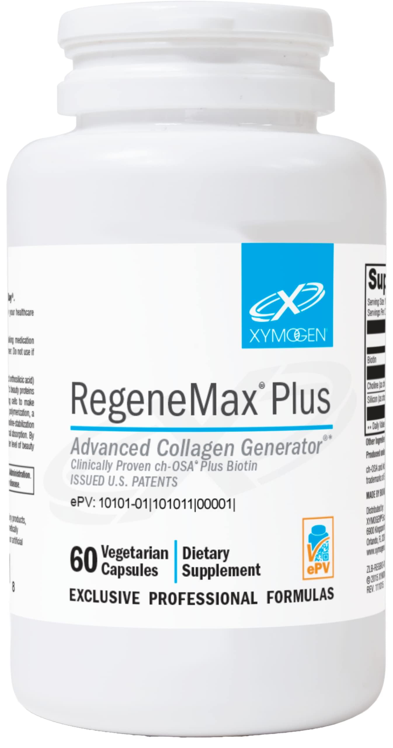 XYMOGEN RegeneMax Plus, botella de cápsulas, posible apoyo a piel y cabello sanos.
