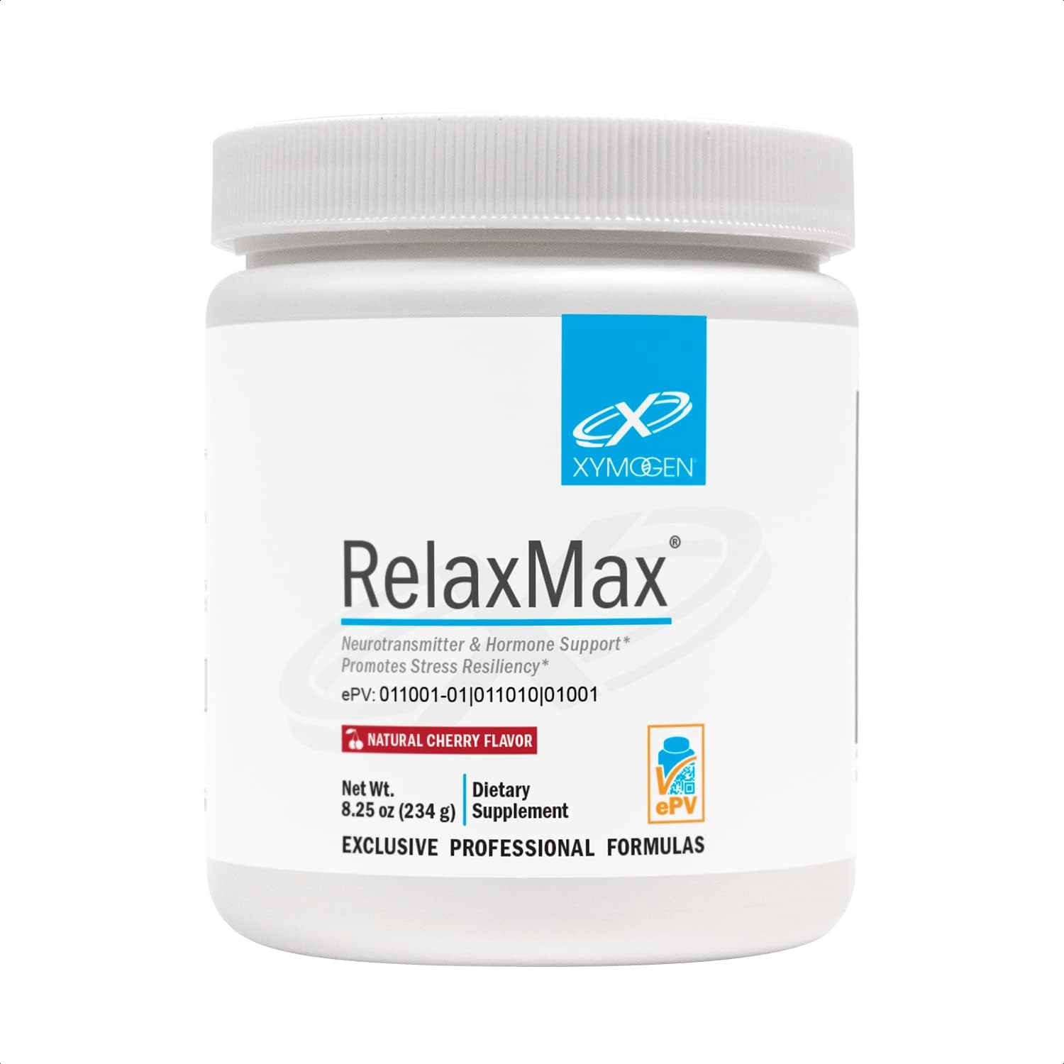 XYMOGEN RelaxMax polvos cereza en envase, posible apoyo al equilibrio emocional