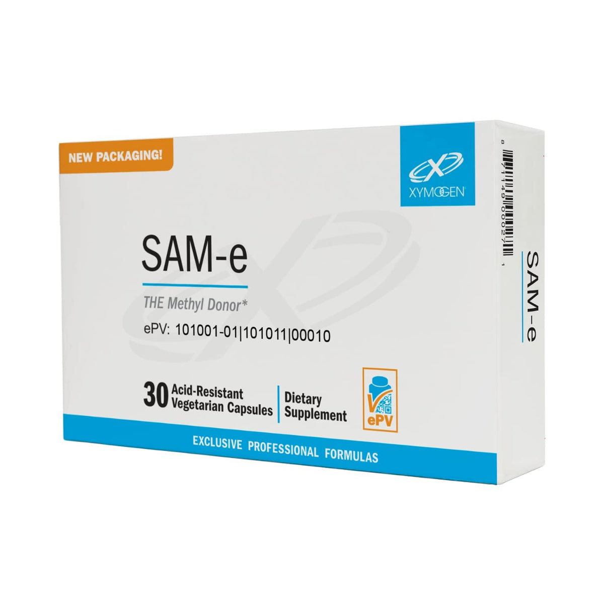 Xymogen SAM-e: botella de cápsulas para apoyo al hígado y bienestar mental.