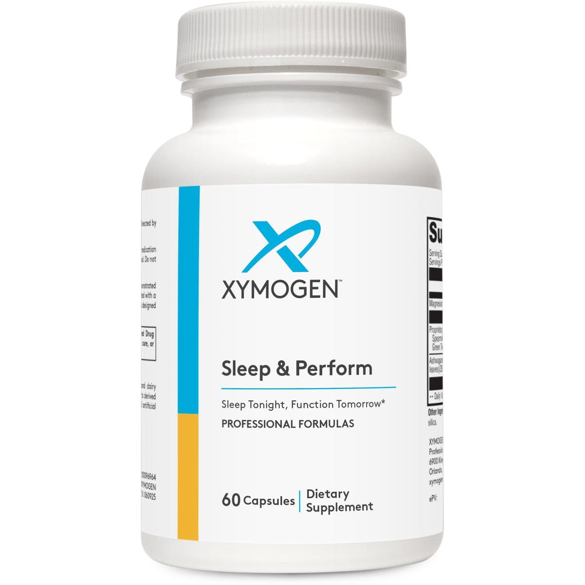 XYMOGEN Sleep & Perform: botella de cápsulas para relajación nocturna y enfoque matutino.