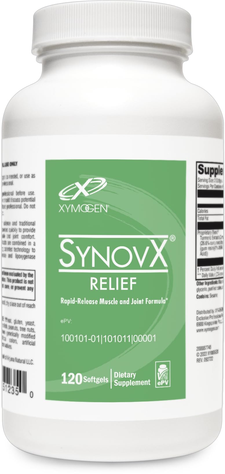 XYMOGEN SynovX Relief: botella de cápsulas blandas para uso diario.