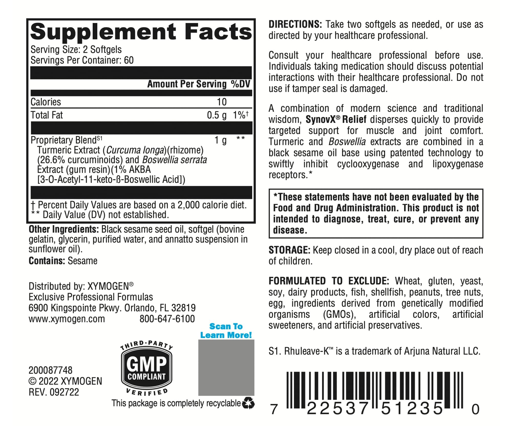Etiqueta de XYMOGEN SynovX Relief con información de ingredientes.