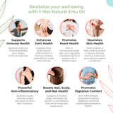Y Not Natural Emu Oil Capsules: etiqueta clara con información de ingredientes clave.