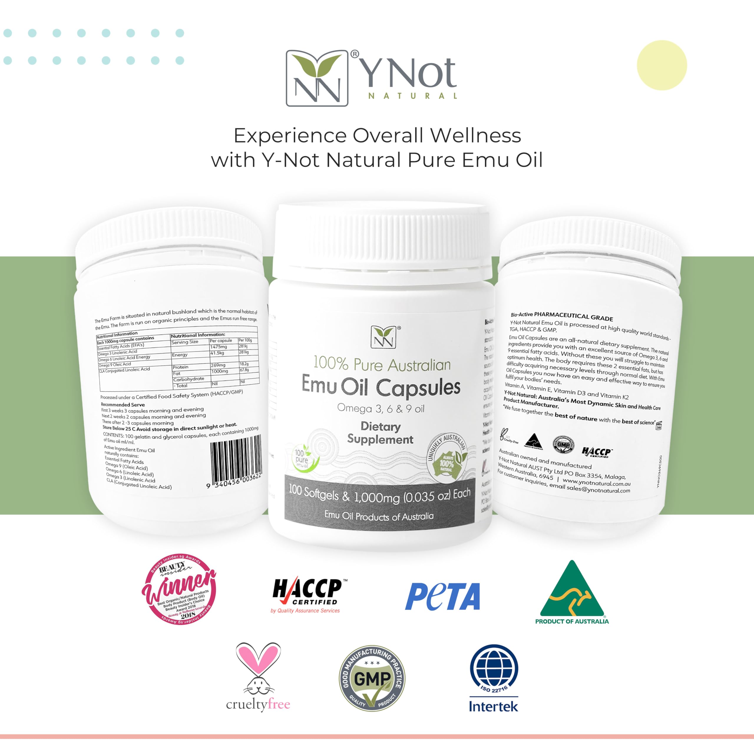 Y Not Natural Emu Oil Capsules: ingredientes omega y vitaminas para bienestar general.