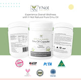 Y Not Natural Emu Oil Capsules: ingredientes omega y vitaminas para bienestar general.