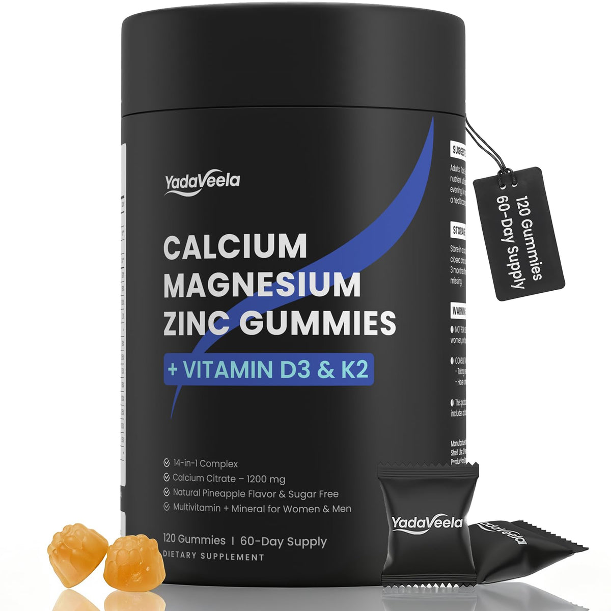Gomitas YadaVeela calcio-magnesio-zinc en envase para apoyo óseo suave.
