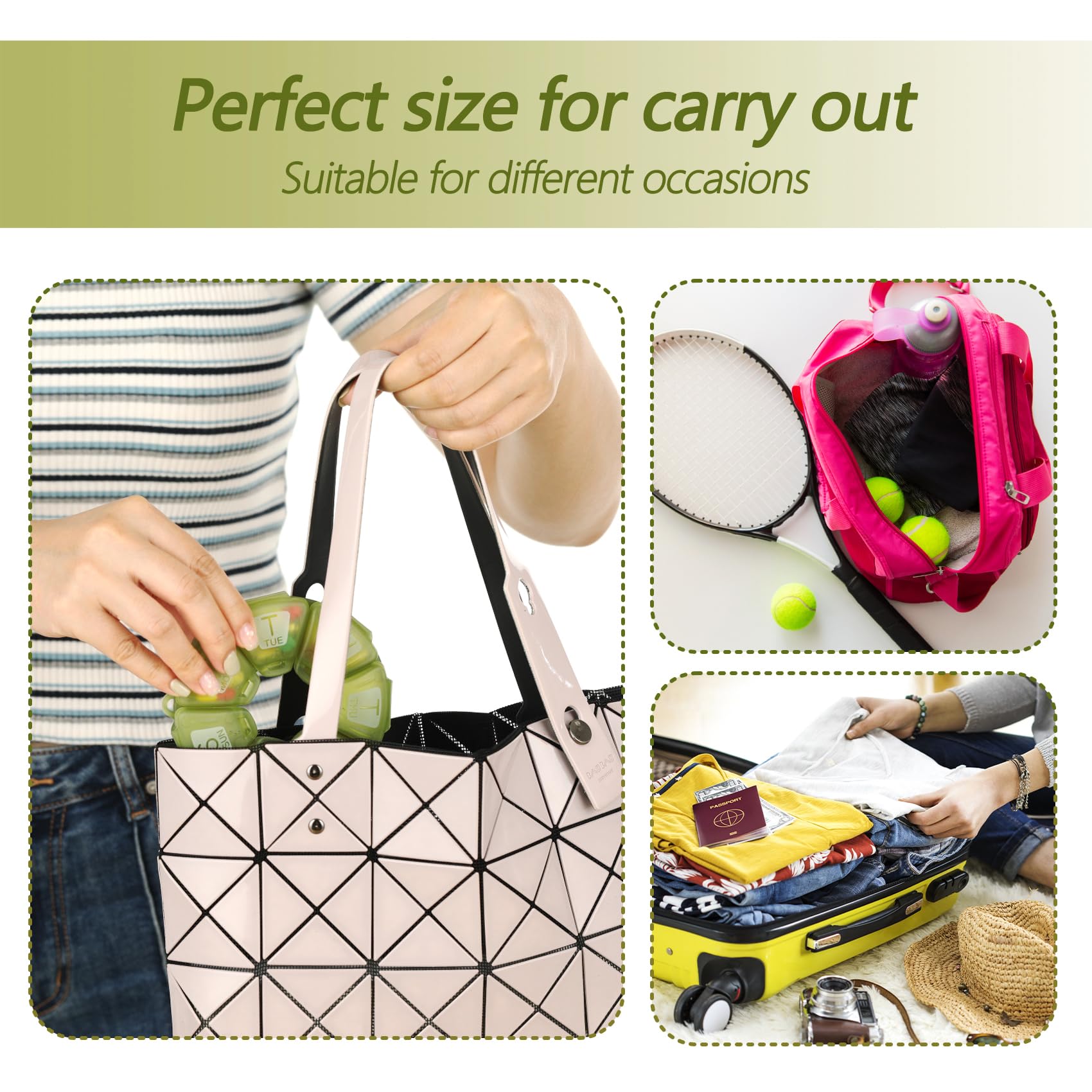 Yaklim organizador semanal en oliva, diseño compacto ideal para viajar ligero.