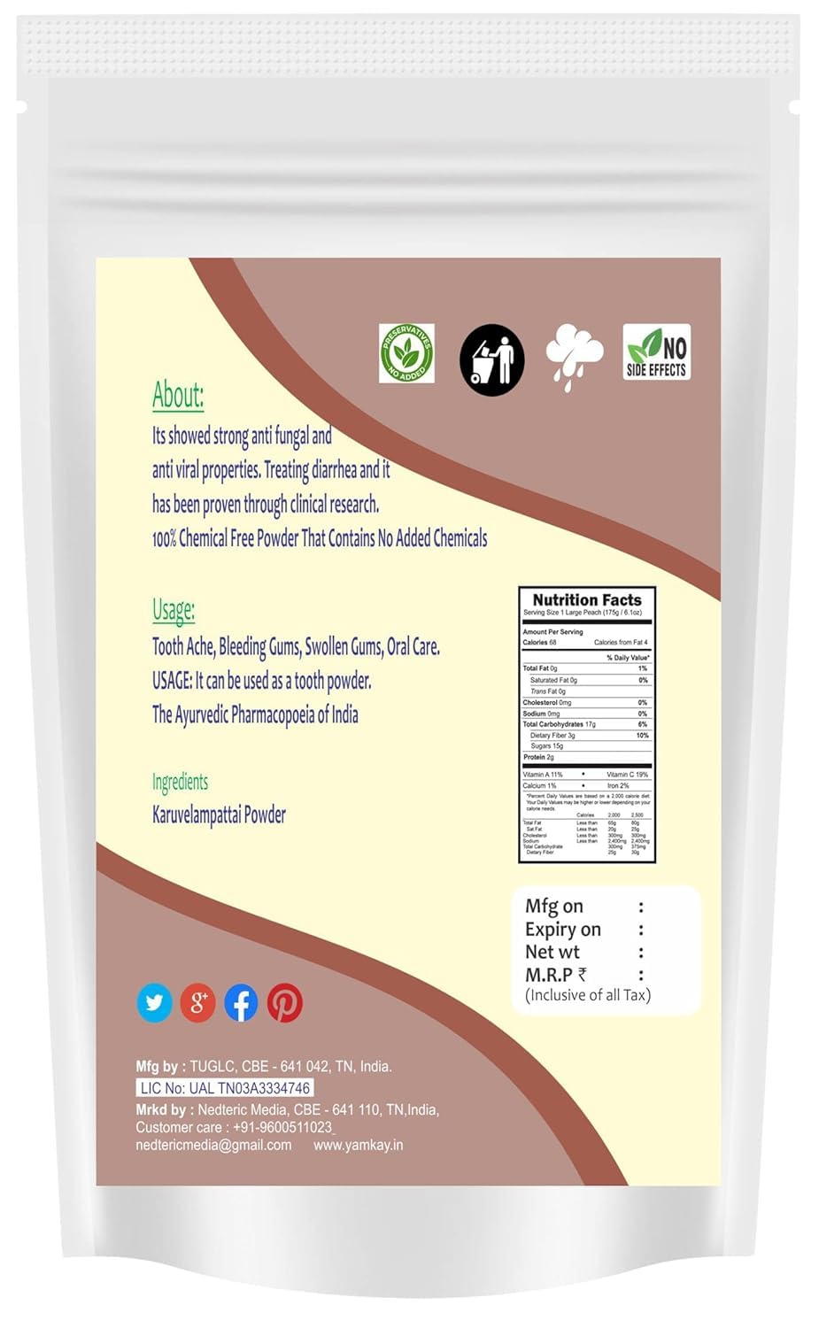 Yamkay Karuvelampattai polvo en tarro, dosificación precisa con cuchara medidora