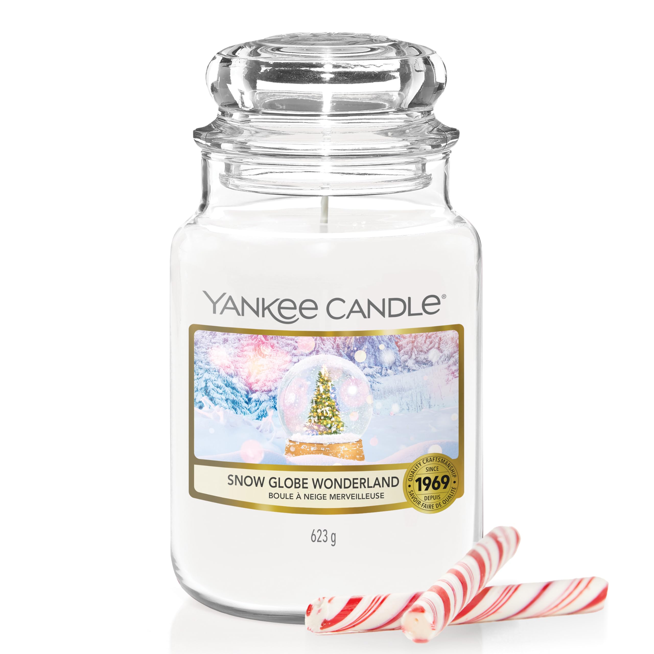 Vela Yankee Candle esfera-nieve-grande para ambiente festivo y fragancia duradera.