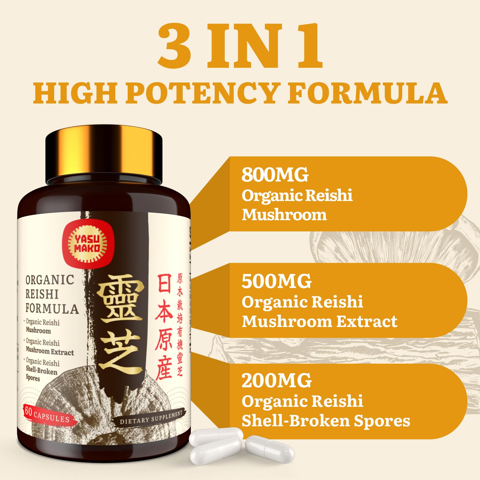 Reishi Yasumako con esporas rotas, 200 mg para una formulación completa.