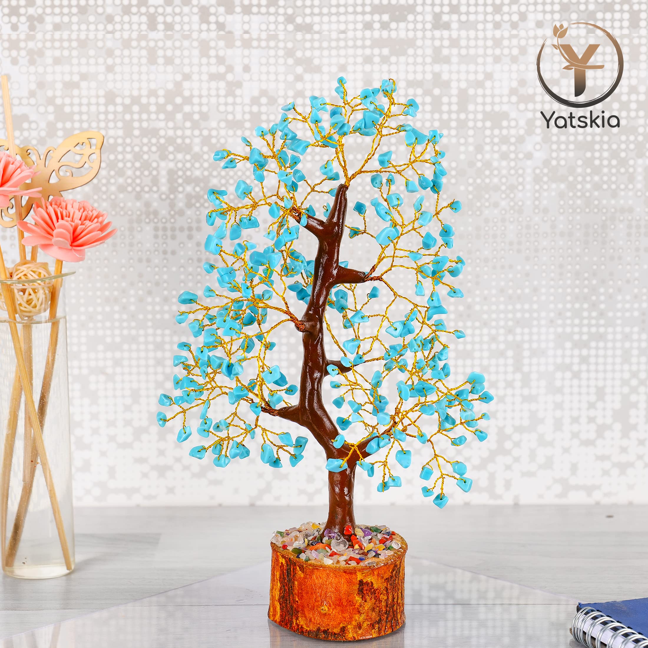 Arbol de cristal YATSKIA con base de madera, decoración estable y elegante
